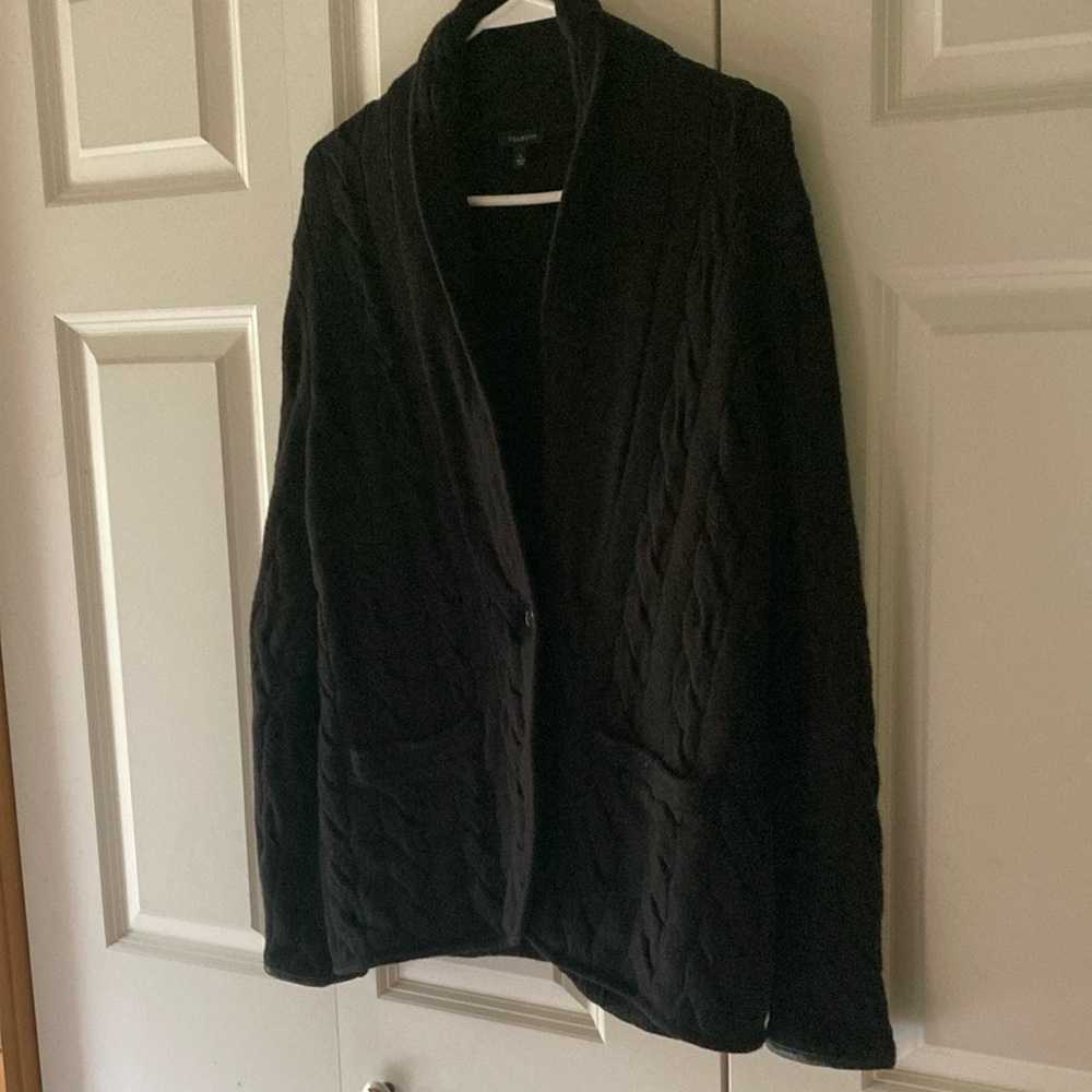 Talbots sweater jacket/cardigan women LG black one button 2 pockets knit cozy